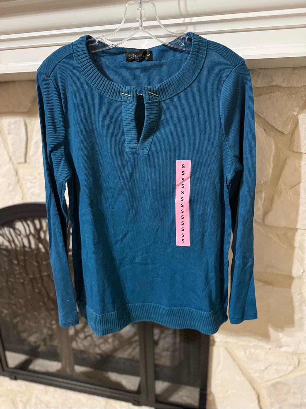 Rafaella Lyons Blue Long-Sleeve Notch Neck Knit Top
